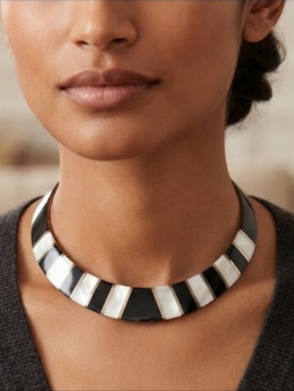 Stunning Vintage Brass, Mother Of Pearl, Black Onyx Inlay Art Deco Torque Choker